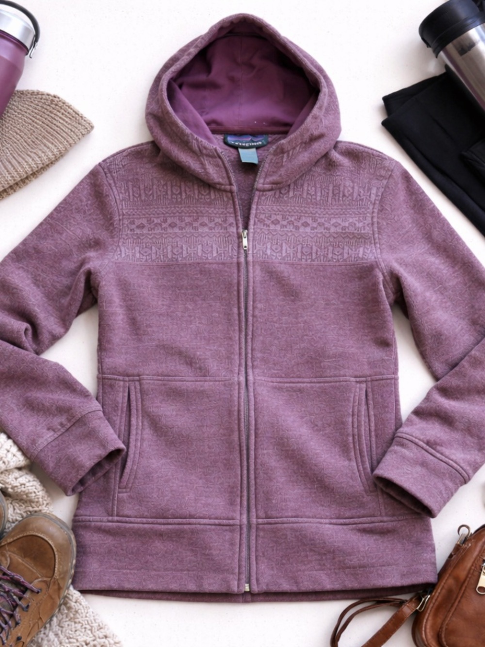 Patagonia Fair Isle Hooded Sweater Fleece Full Zip Women Medium Purple Cozy EUC